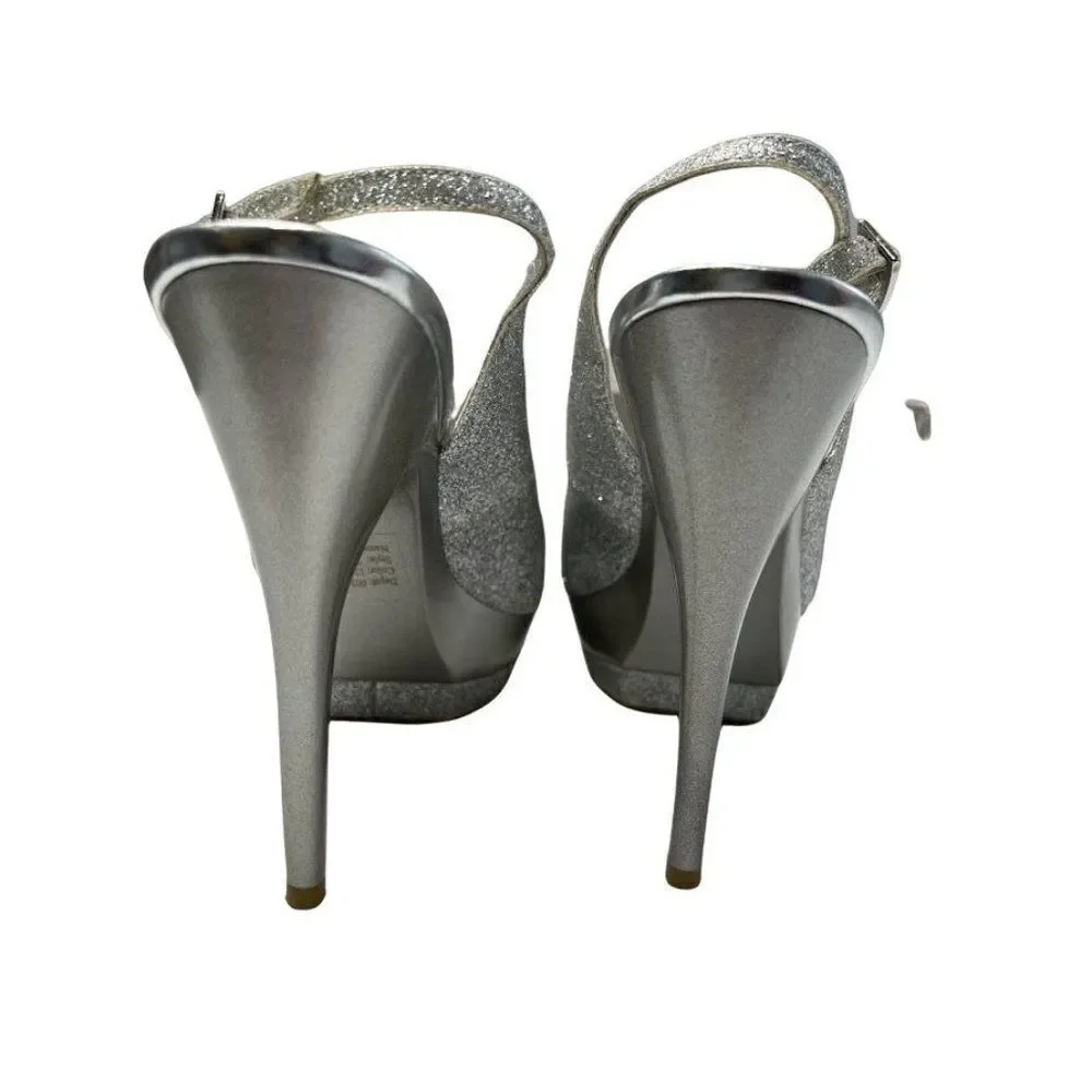 BAKERS Platform Silver‎ Glitter Slingback Shoes Flash 7